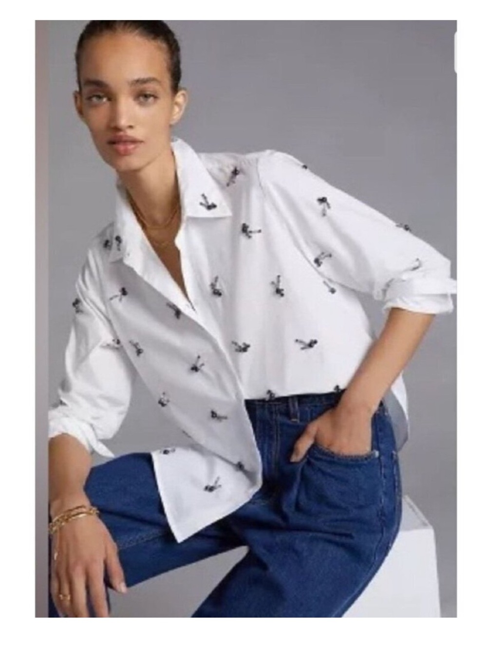 Dhruv Kapoor Shirt Womens Small Buttom Up Whote Embellished Anthropologie xs